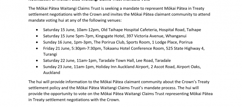 Mōkai Pātea Nui Tonu Mandate Voting Advertised
